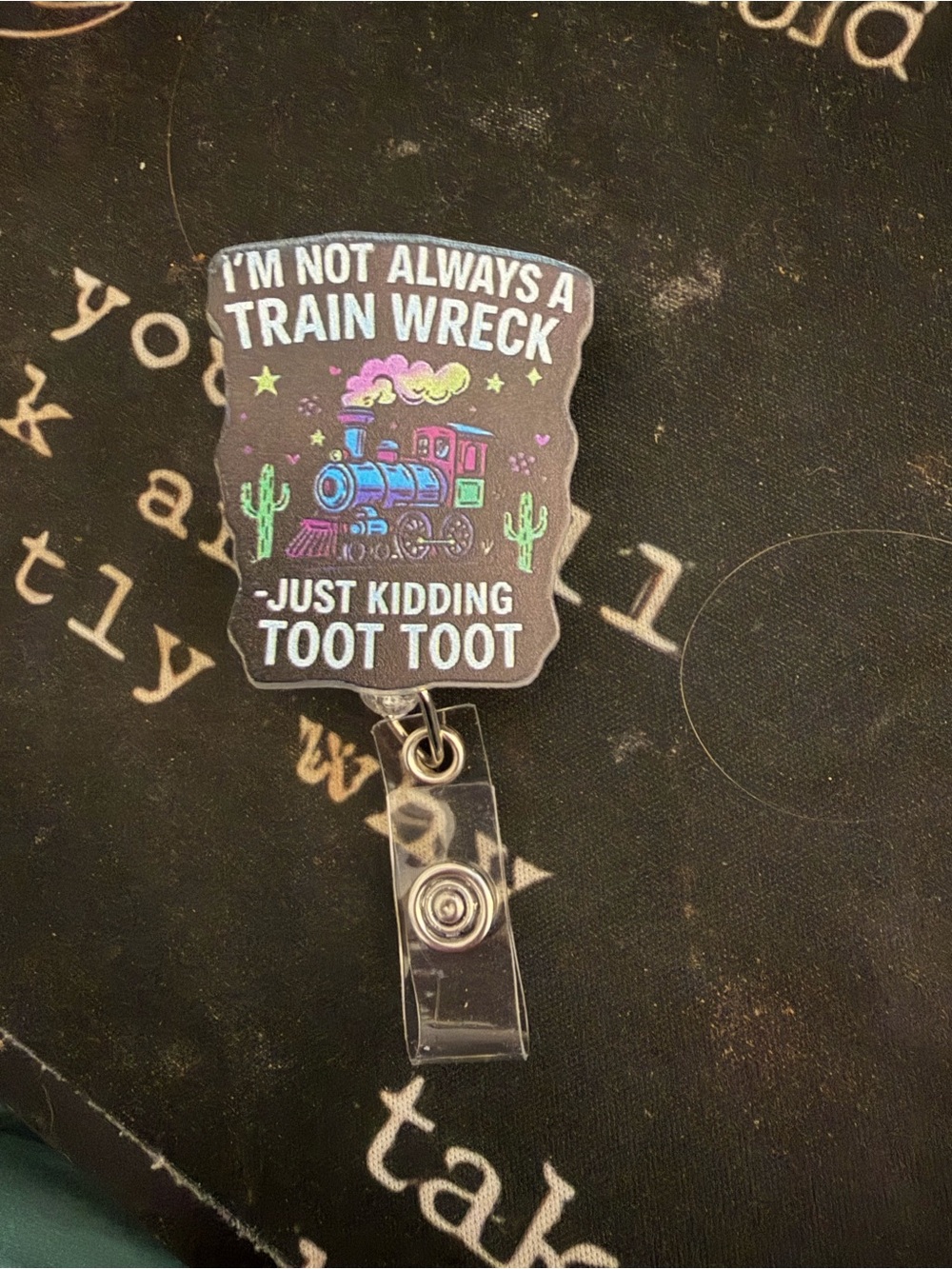 Playful Train-Theme Badge Reel Card Holder - Black with Multicolor Print